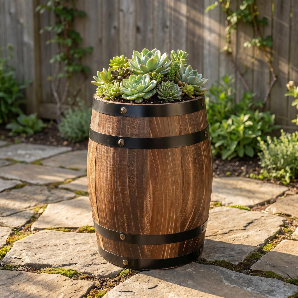 Barrel Decoration Wooden Planter Rustic Wine Barrel Prop 8.2 Inch Antique Style Beer Patio Garden Decor