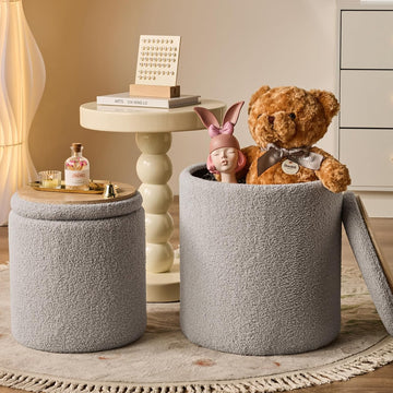 Round Ottoman with Storage Set of 2 Gray Sherpa Vanity Stool | Multifunctional Ottomans Coffee Table Padded Seat Foot