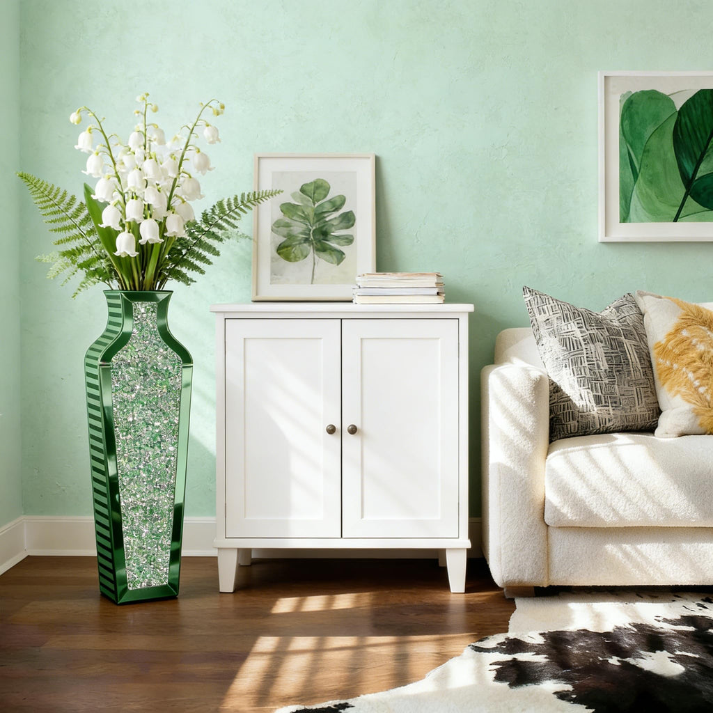 Green Crushed Diamond Floor Vase, Large Mirrored Tall Vases for Floor, Modern Glass Decorative Vases Bedroom Home
