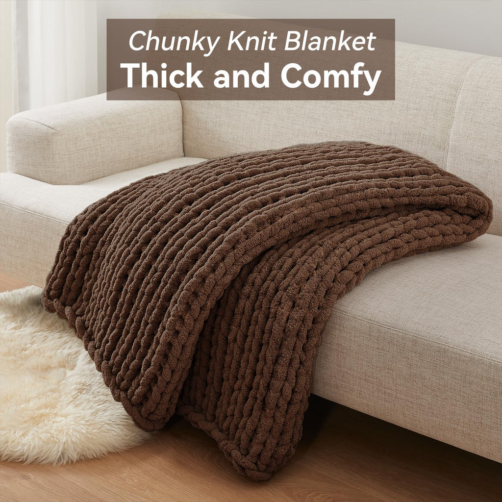 Chunky Knit Throw Blanket, Knitted Throw Chenille Yarn, 50"*60"