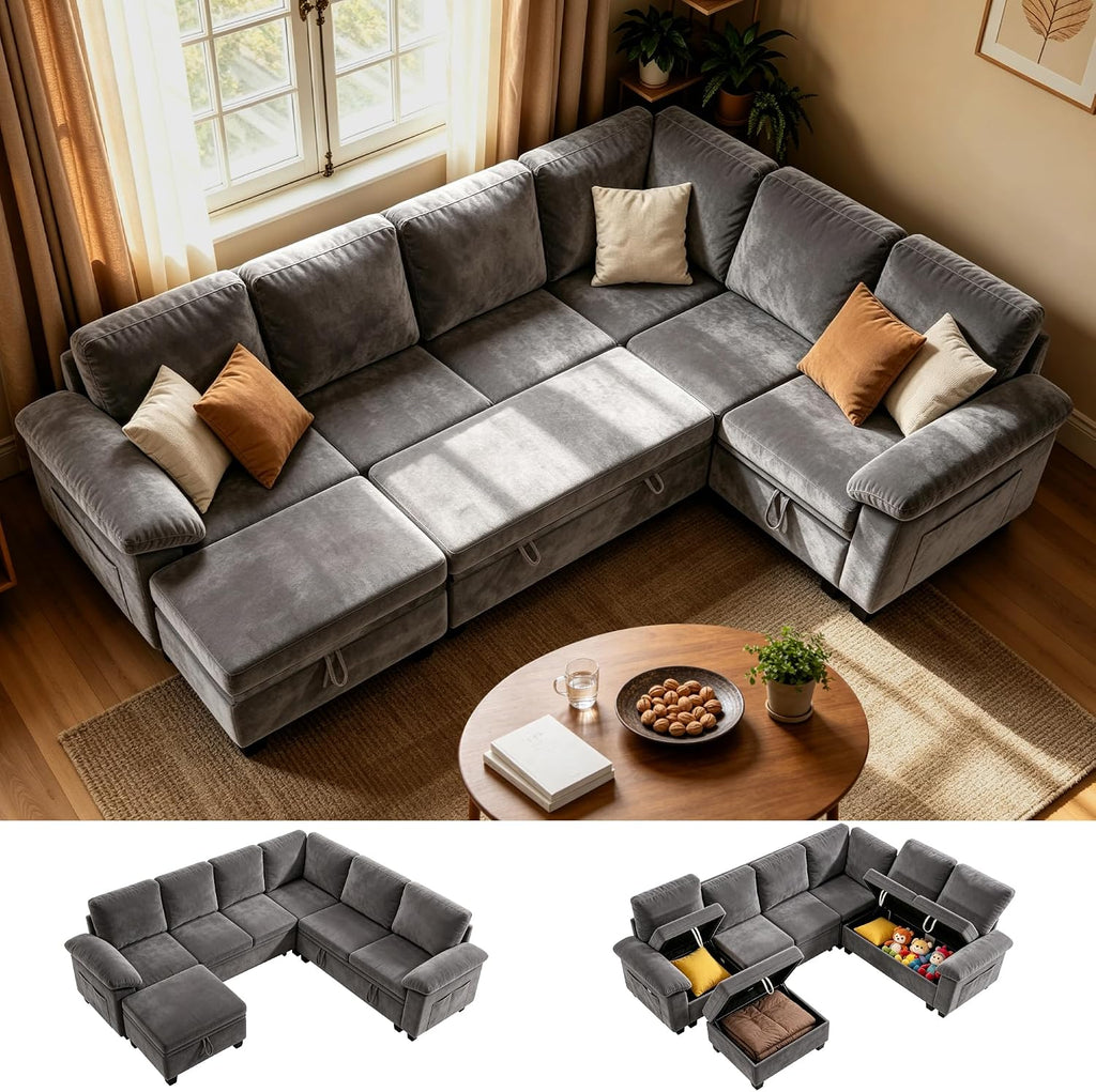 109" Modular Sectional Sleeper Couch,U Shaped 7 Seat Sofa Bed with Pull Out Bed, Cloud Couch with Pillow Armrest &