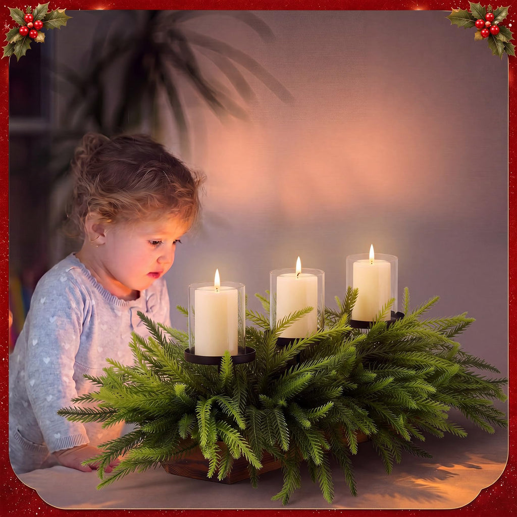 3 Pillar Norfolk Pine Stems Christmas Candle Holder Centerpiece