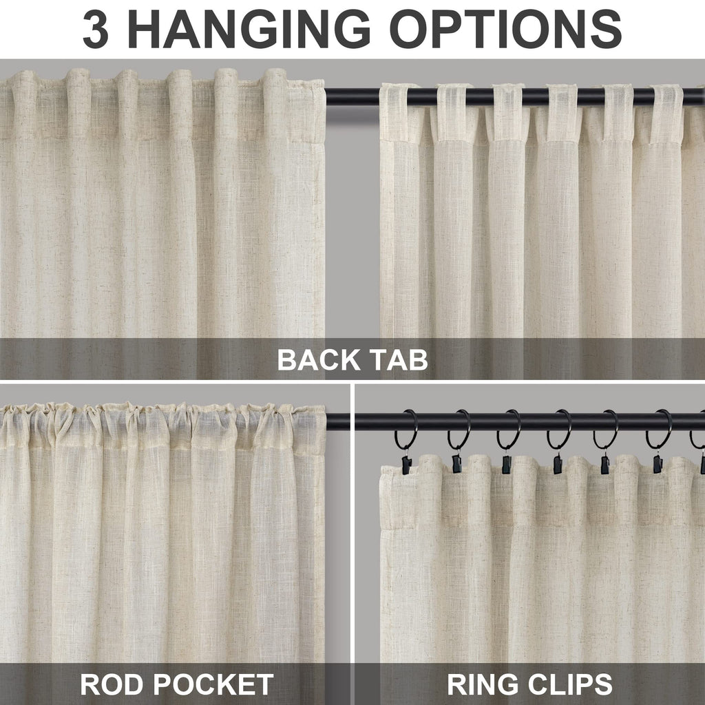 Flax Linen Curtain 100 Inches Long 2 Panels Set Back Tab Pleated Rod Pocket Beige Drapes Neutral Farmhouse Light