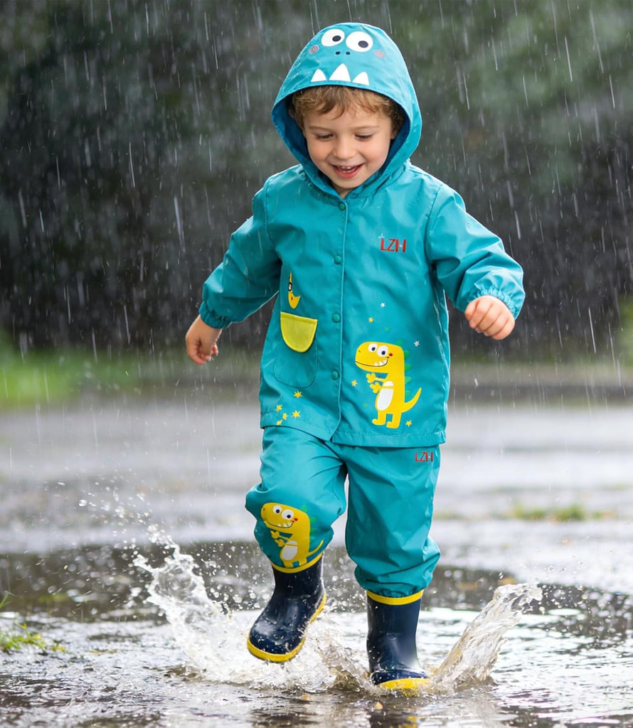 Toddler Kids Rain Suit Waterproof Rain Coat Hooded Jacket & Pants 2Pcs