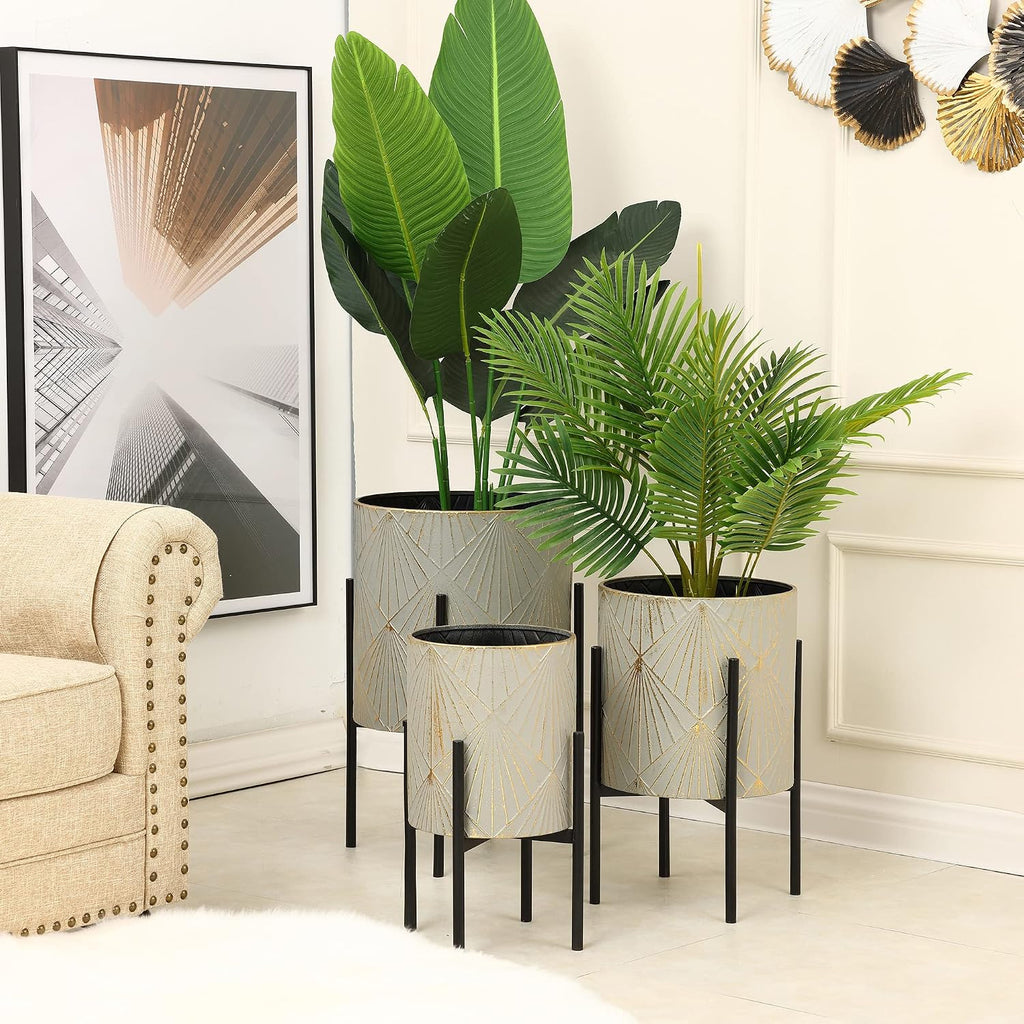 LuxenHome Planters for Indoor Plants, Set of 3 Floor Plants Pots with Stand | Modern Decorative Metal Flower Pots