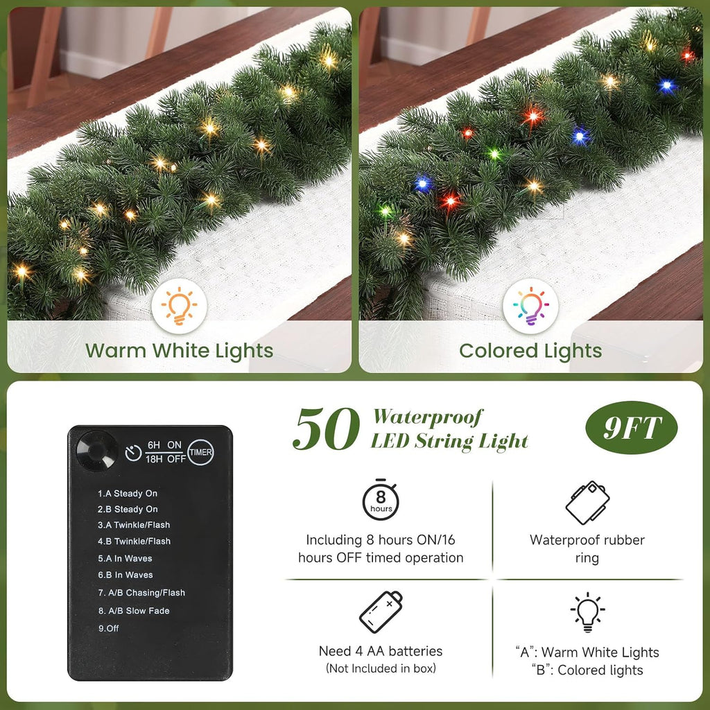 2PCS 9FT Pre-Lit Christmas Garland, Lighted Norfolk Pine Garland
