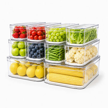 10 Pack Clear Fridge Organizer Bins with Drain Trays - Stackable