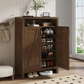 6-Tier Shoe Cabinet with Door, Farmhouse Shoe Storage Cabinet, Walnut