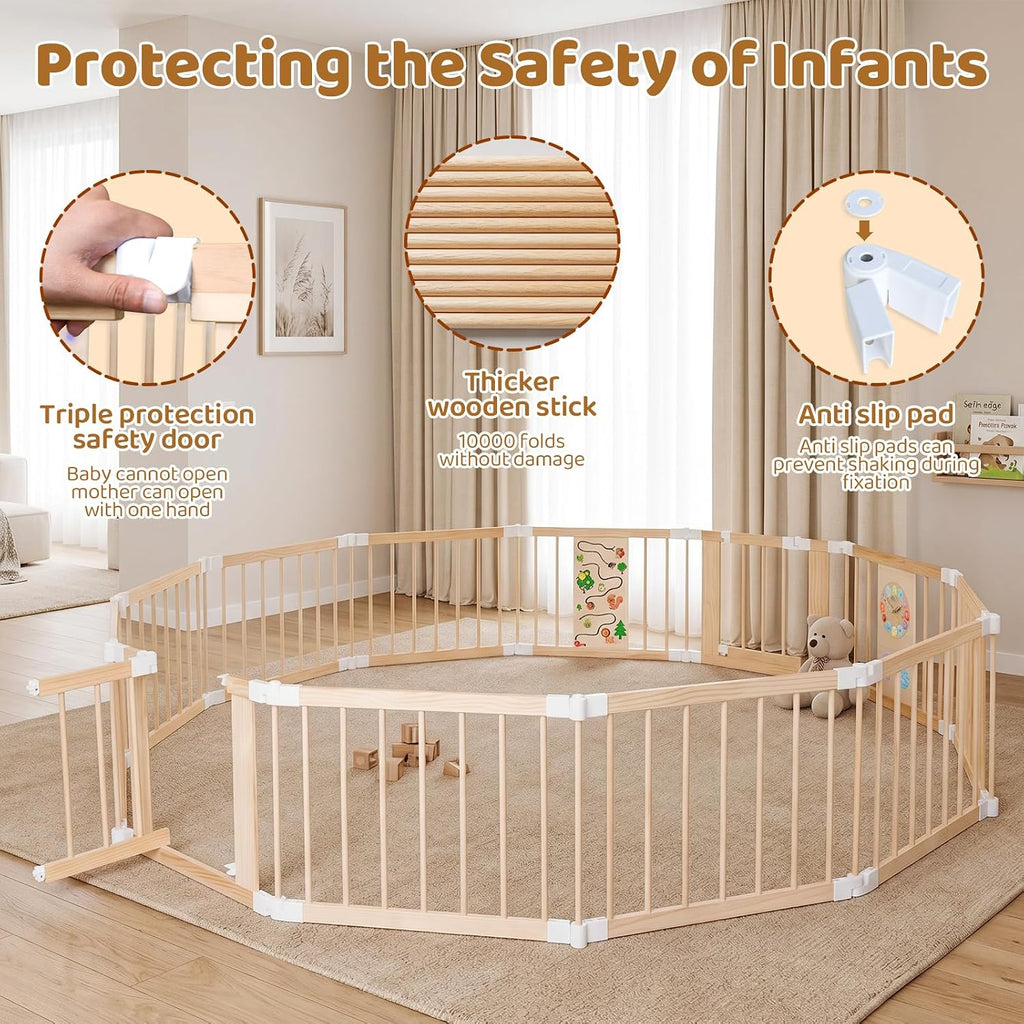 Baby Playpen with Montessori Toys, 12 Panels Foldable Wooden Play Yard for Toddlers & Infants 2-in-1 Baby Fence Play