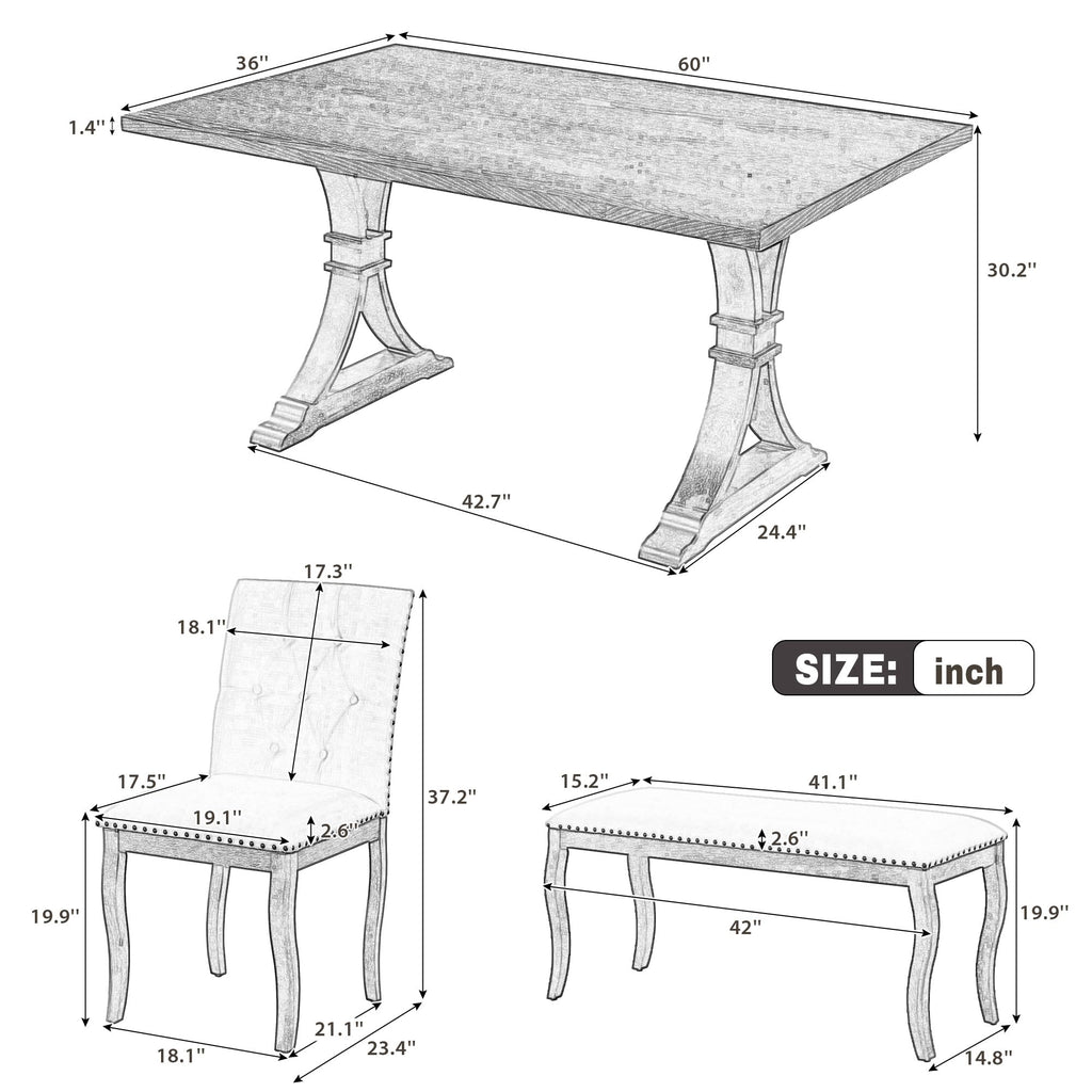 6-Piece Farmhouse Dining Table Set with Bench, Solid Wood Dining Room Table Set with 4 Upholstered Button Tufted