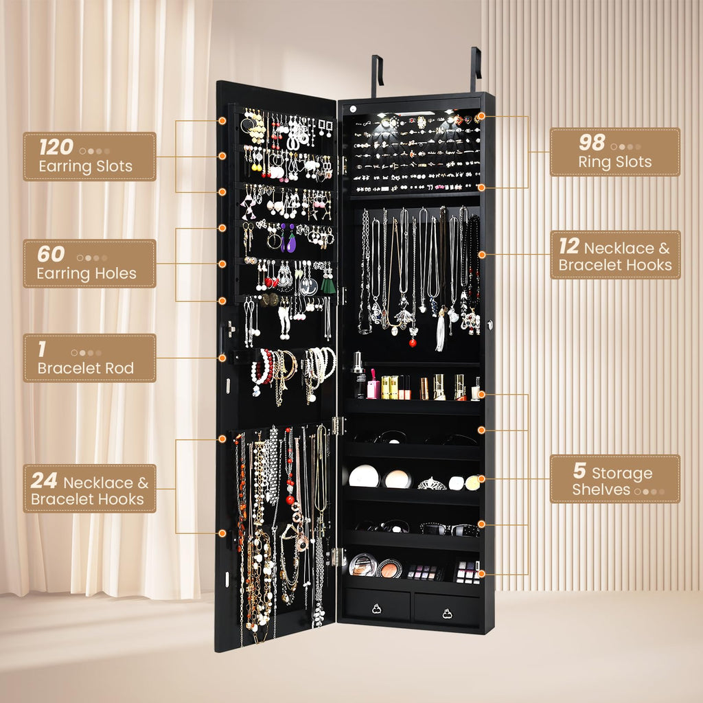 2 LEDs Jewelry Armoire with Full Length Mirror, 47.5" H Wall or Door Mounted Jewelry Cabinet with 2 Drawers, Lockable