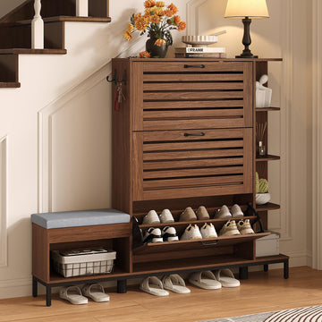 Narrow Shoe Cabinet with Bench, 3 Flip Louvered Doors & Side Storage Cabinet, 44" H Shoes Organizer with Upholstered