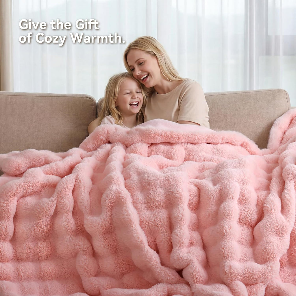 Faux Rabbit Fur Throw for Couch - Blush Pink Bubble Blanket 60"x80" | Fluffy Plush Fuzzy Throw for Sofa & Bed, Super