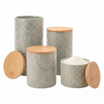 Ceramic Kitchen Canister Set Embossed, Wood Lids Sage, 4PC