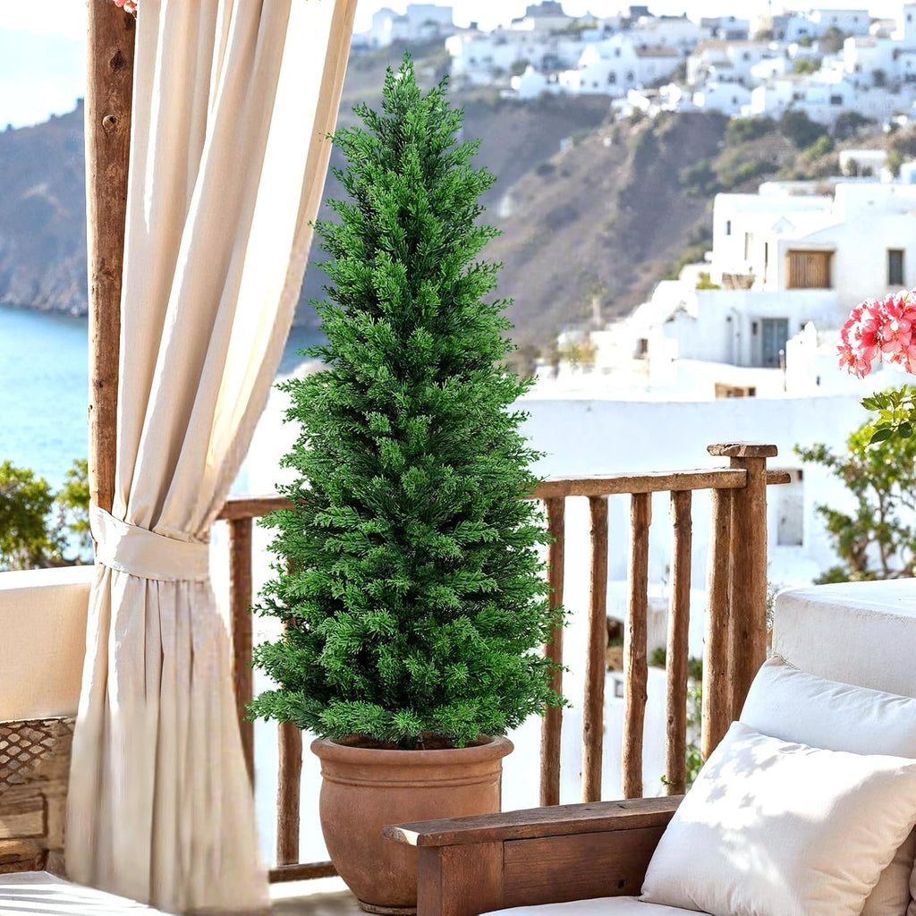 Artificial Cedar Topiary Trees Christmas Topiary Outdoor, 4ft Fake Shrubs Potted Plants Realistic Faux Cypress
