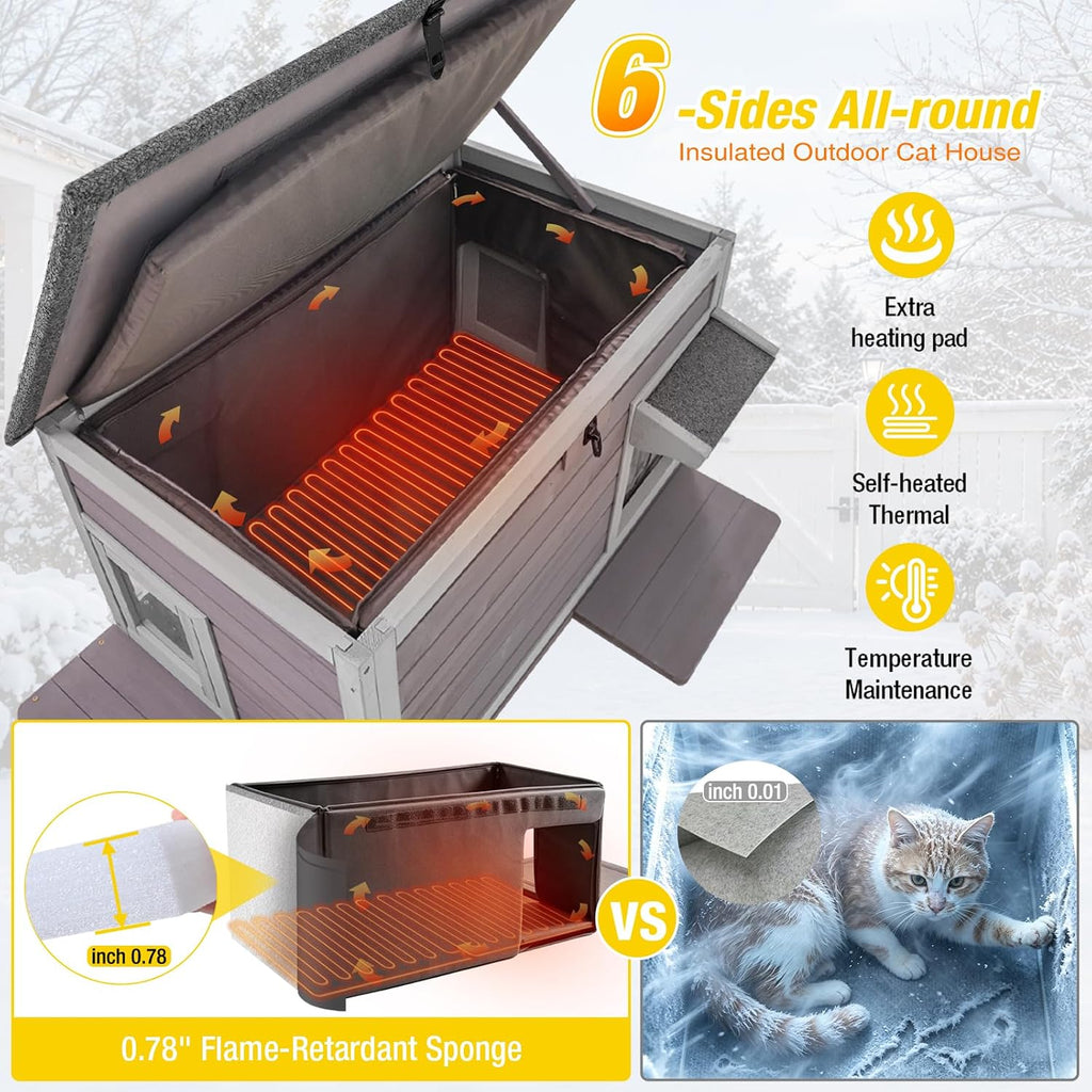 Heated Outdoor Cat House with Heating Pad, Insulated Liner