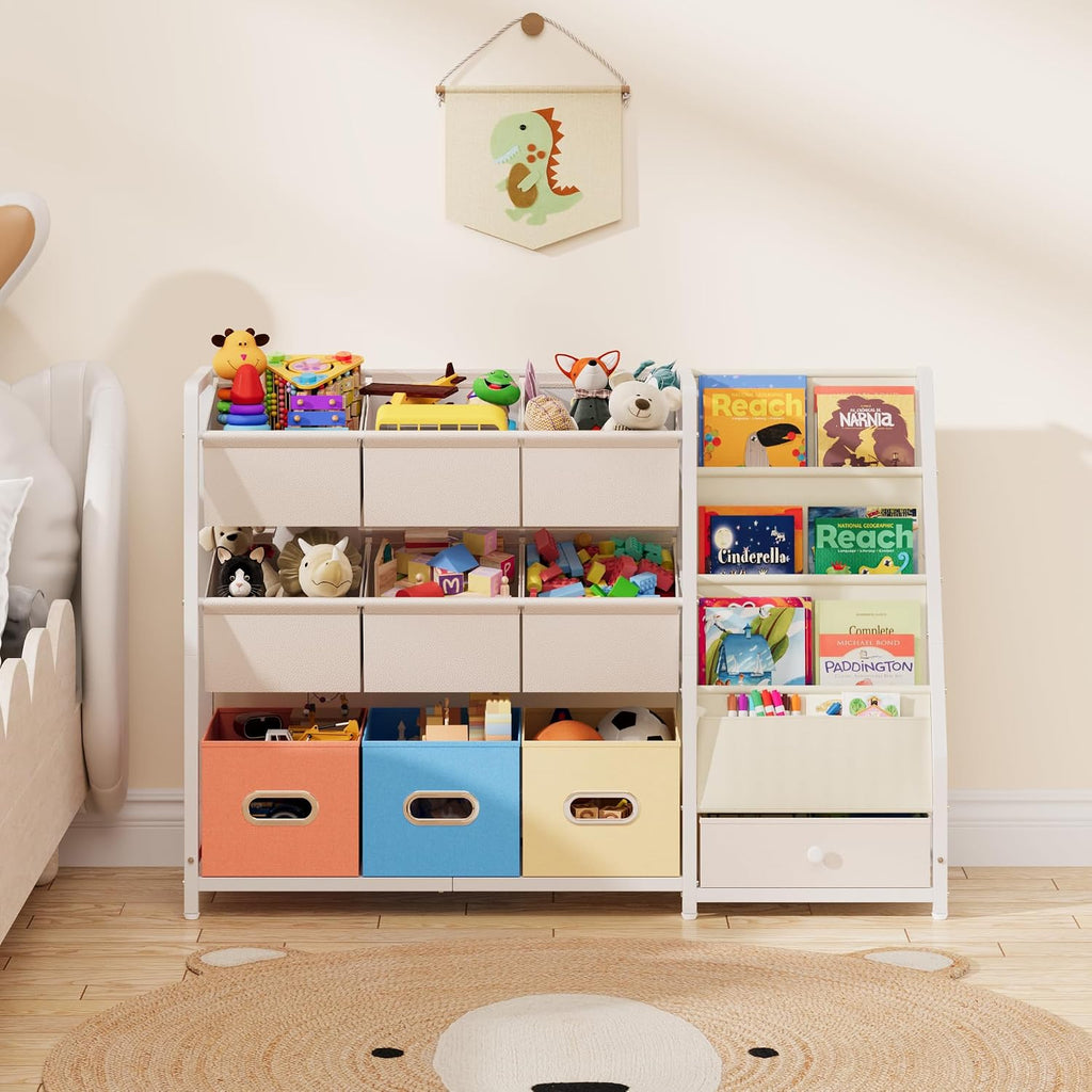 Toy Storage Organizer - Kids Bookshelf with 3 Shelf and 10 Storage Bins | Montessori Playroom Storage for Toddler