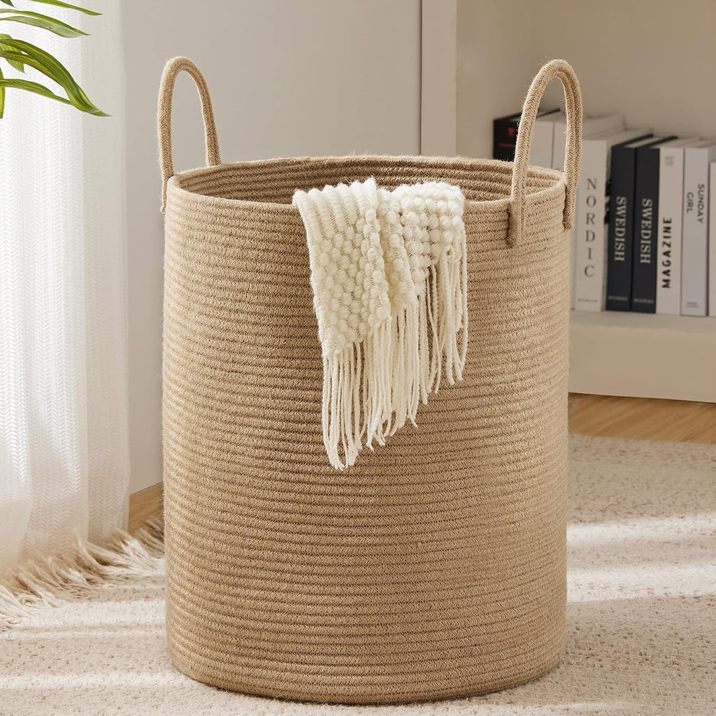 Jute Rope Laundry Hamper Basket, 58L Blanket Basket | Large Woven Laundry Hamper with Sturdy Handles, Collapsible