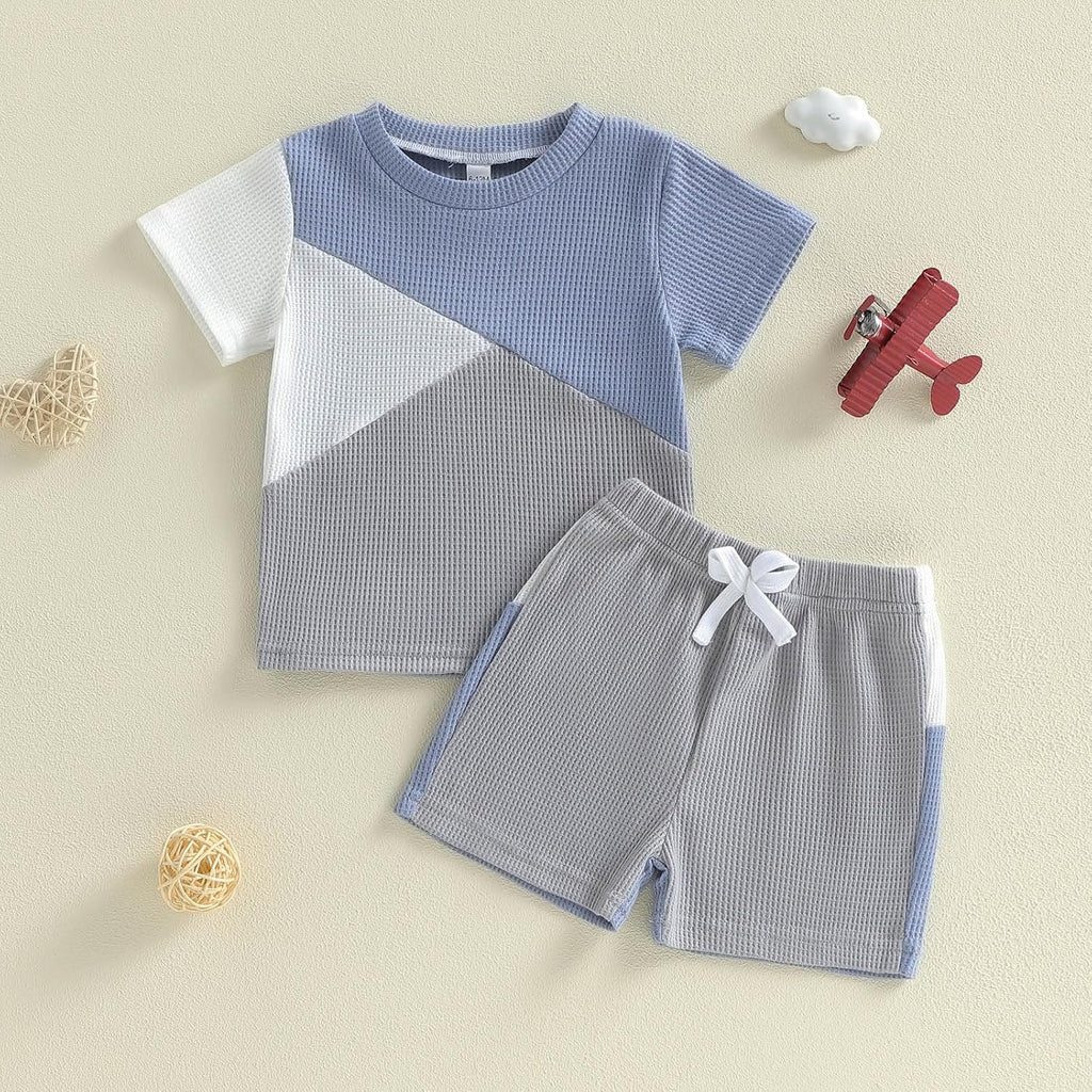 Toddler Baby Boy Summer Clothes Waffle Contrast Short Sleeve T-shirt Tops with Elastic Waist Shorts Sets Outfits