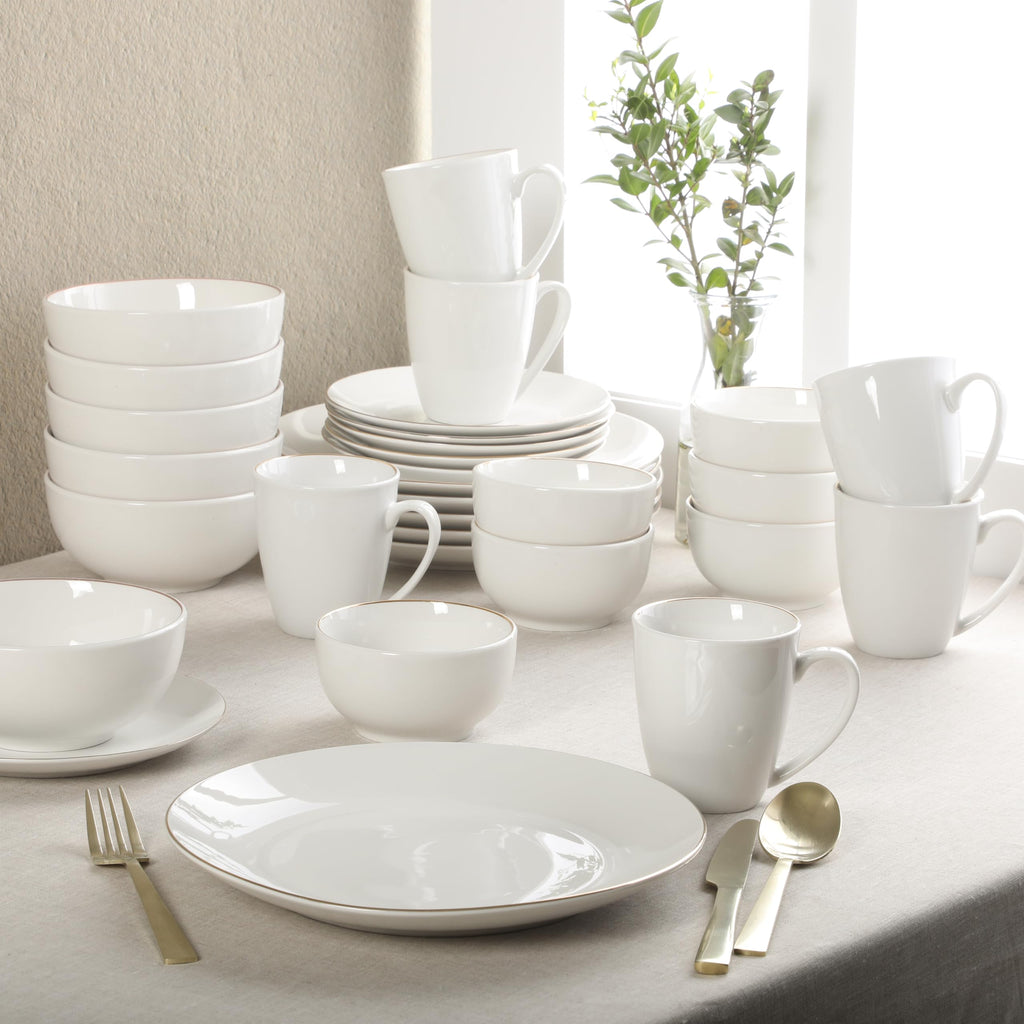 Ogalla 30 Piece Plates, Bowls, & Mugs Dinnerware Set - Service for 6 - White Porcelain W/Gold Band