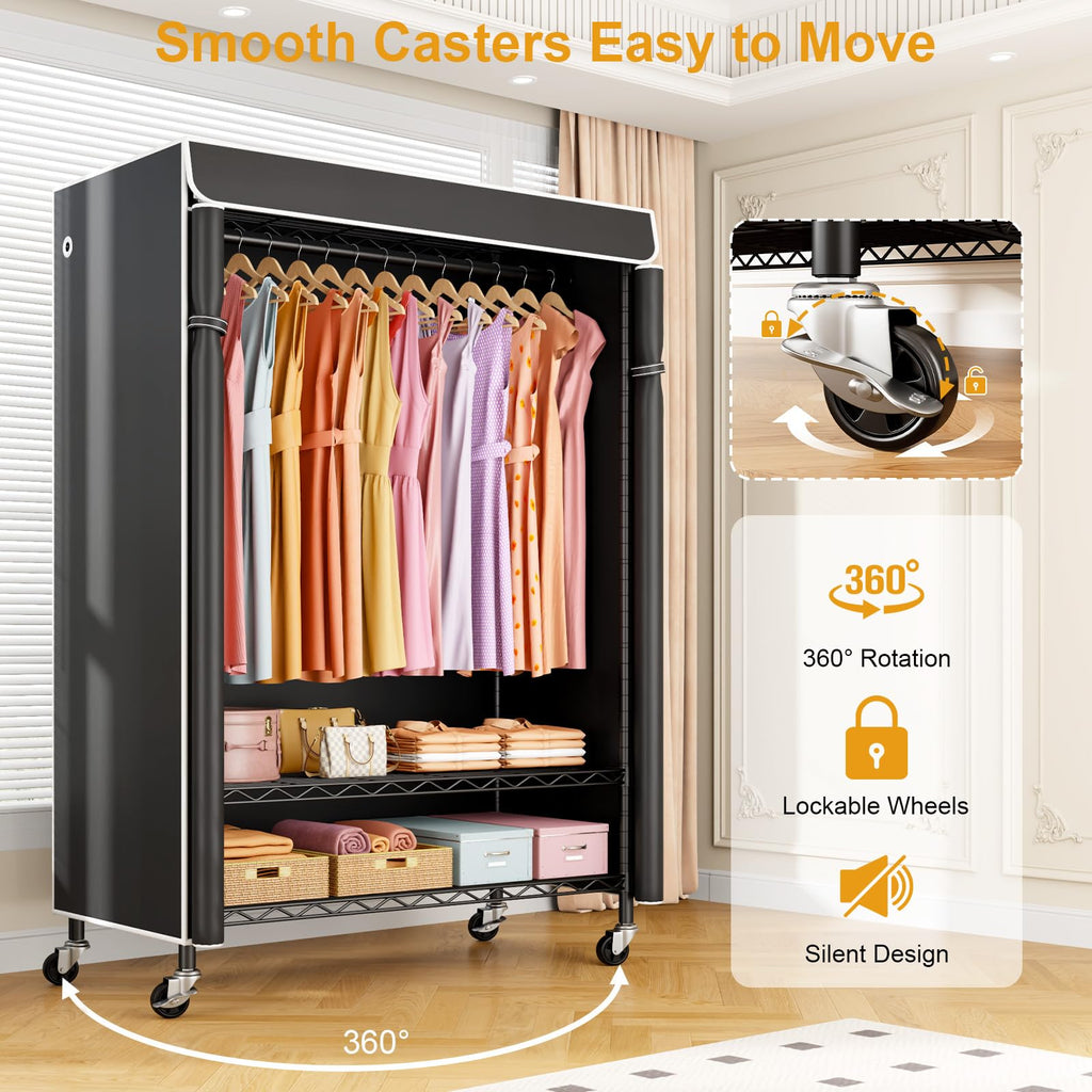 P6C Plus Rolling Clothes Rack with Cover, Covered Clothing Rack