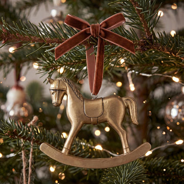 6 Pcs Vintage Christmas Rocking Horse Ornament, Solid Lanyard, Brown