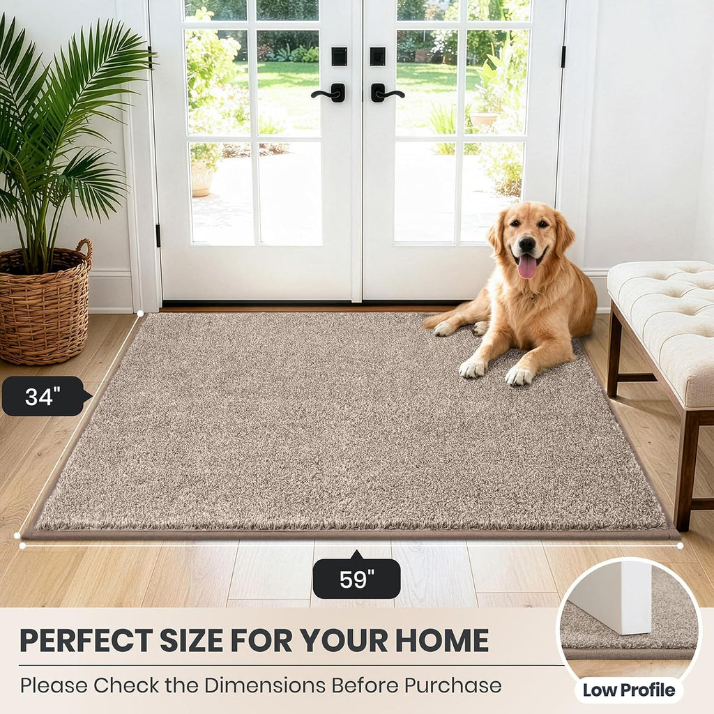 Dirt Trapping Indoor Door Mat, 34" x 59", Taupe | Machine Washable, Non-Slip, Waterproof TPR Backing, Super