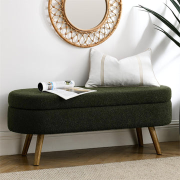 43.5" Fabric Storage Ottoman Bench, Upholstered Boucle Ottoman with Safety Hinge, Entryway Bench with Rubber Wood Legs