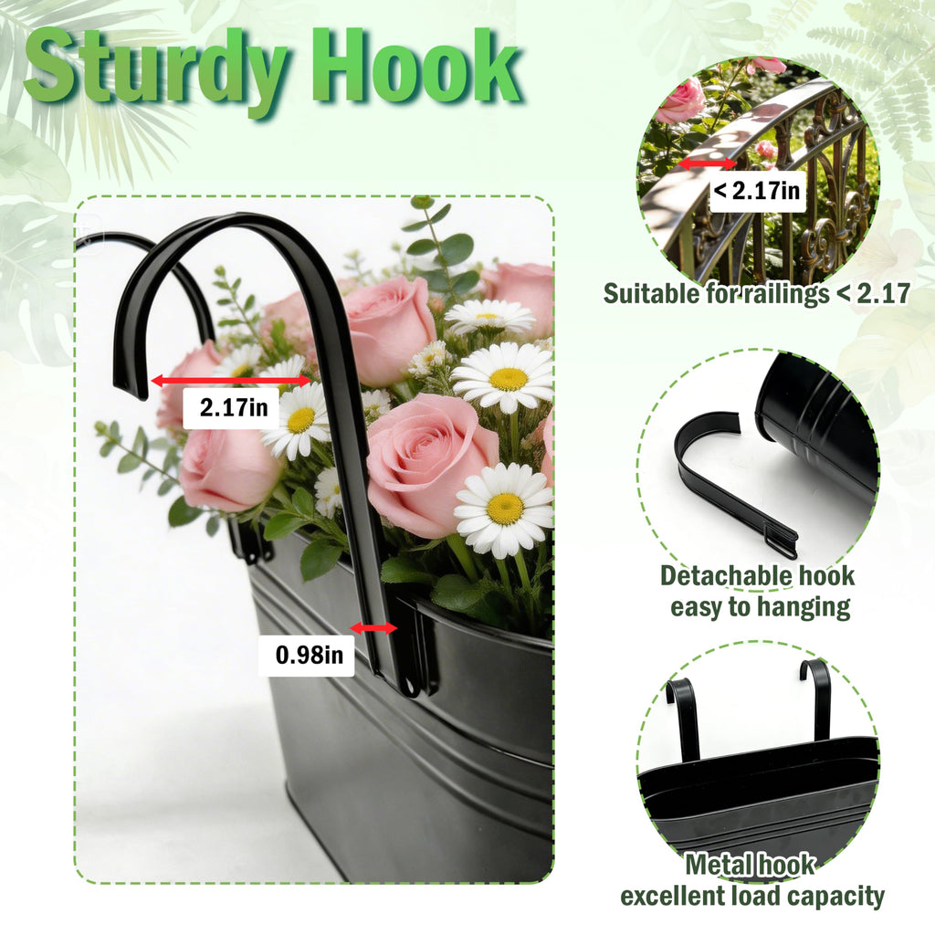 Metal Railing Planter Boxes 16 Inch, 3-Pack Adjustable Hanging Flower Pots for Balcony, Deck, Porch & Fence
