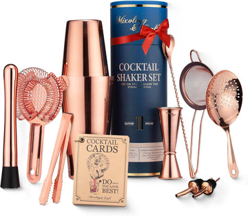 Deluxe Copper Cocktail Shaker Set - Weighted Boston Shaker Kit for Bartenders - Includes Japanese Jigger, Muddler - Set of 11