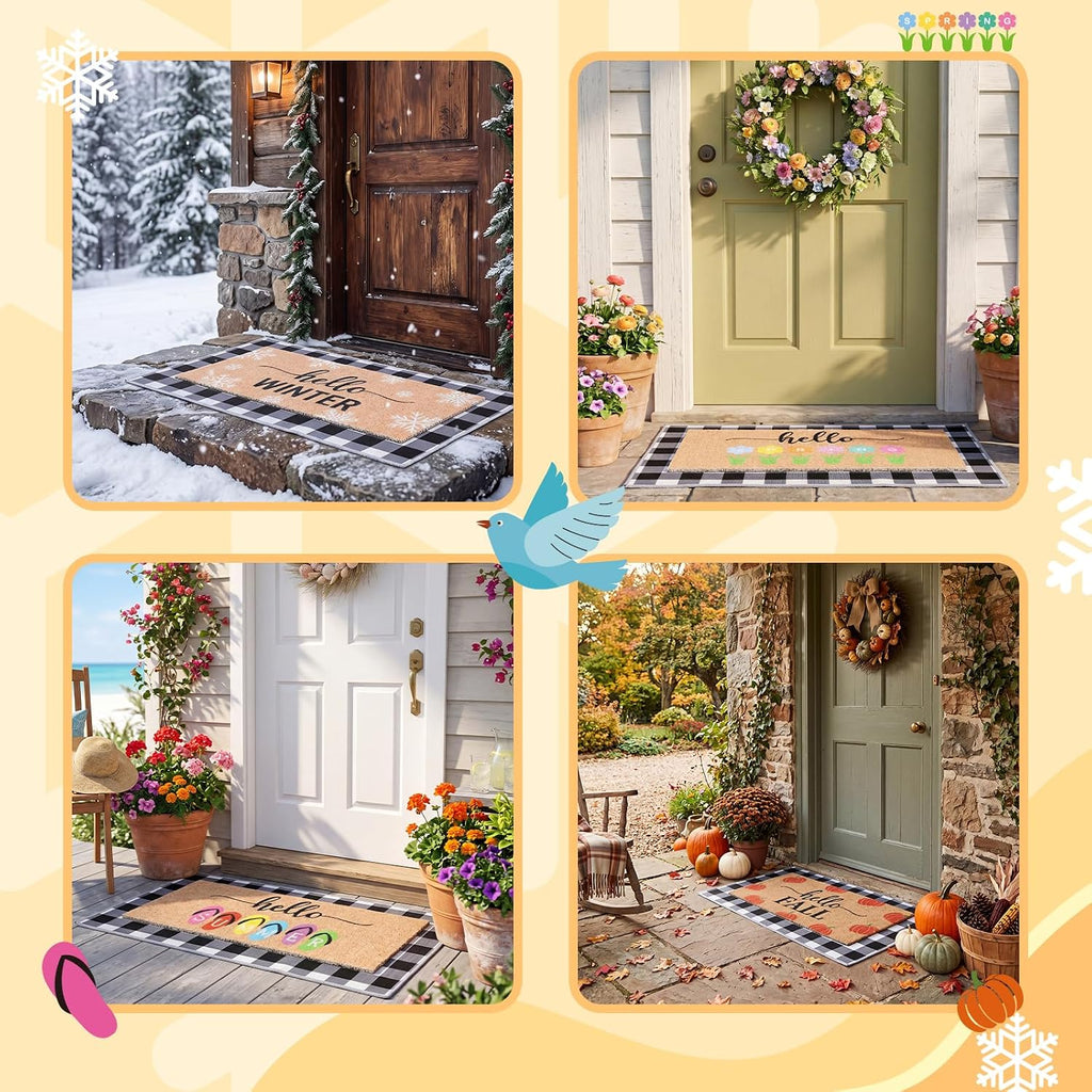 5 Pcs Seasonal Front Door Mat Set Interchangeable Welcome Doormats with Black and White Checkered 22 x 10 Inches Non