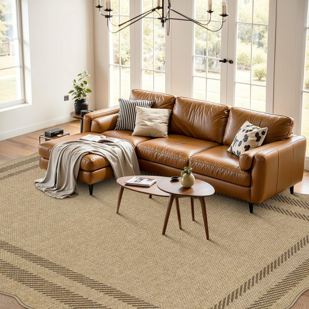 Scalloped Washable 8x10 Rug, Easy Jute Tan Rug , Indoor Outdoor Patio Non Slip Rugs , Geometric Farmhouse Dining Room