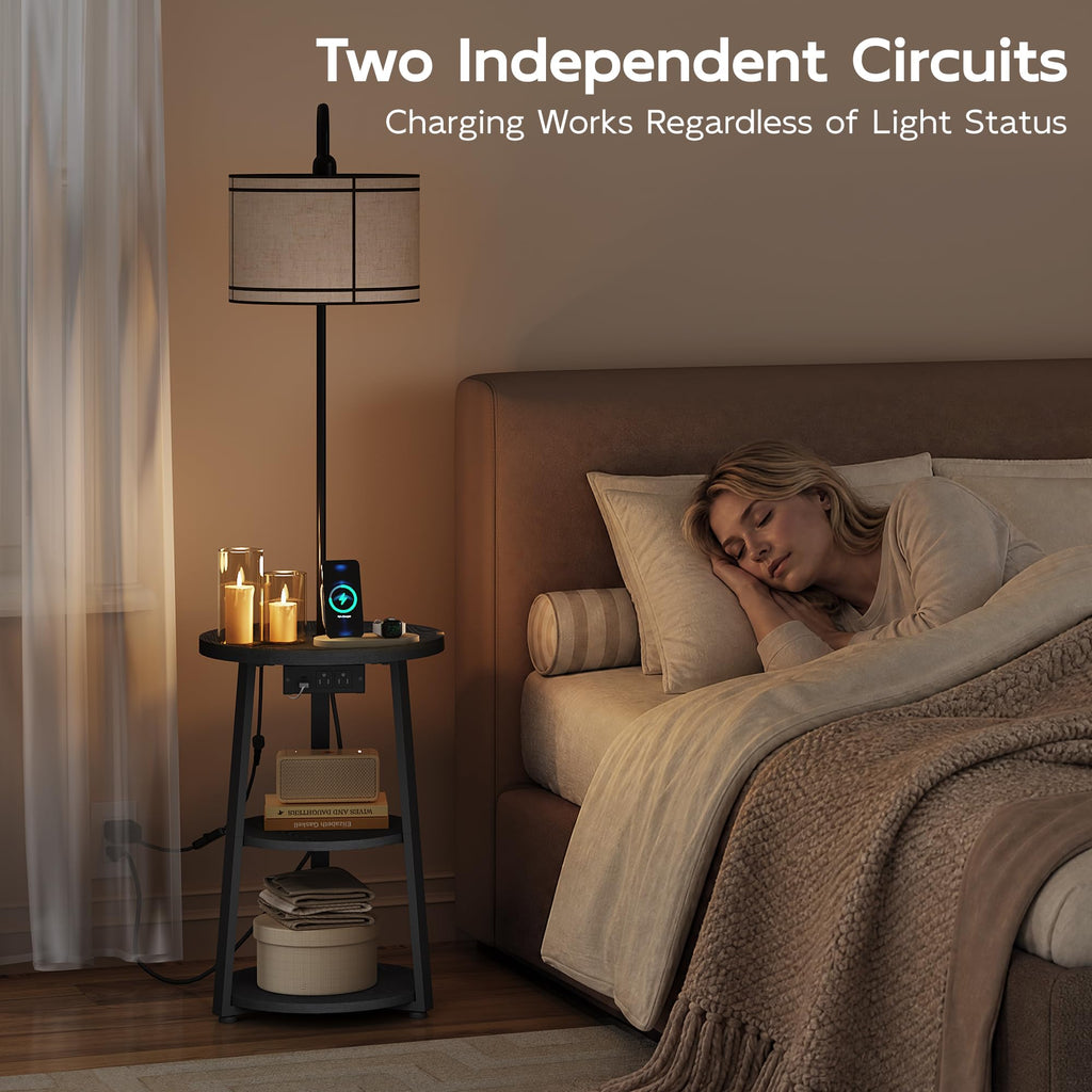 Floor Lamp with Table, Round Side Table with Charging Station Black
