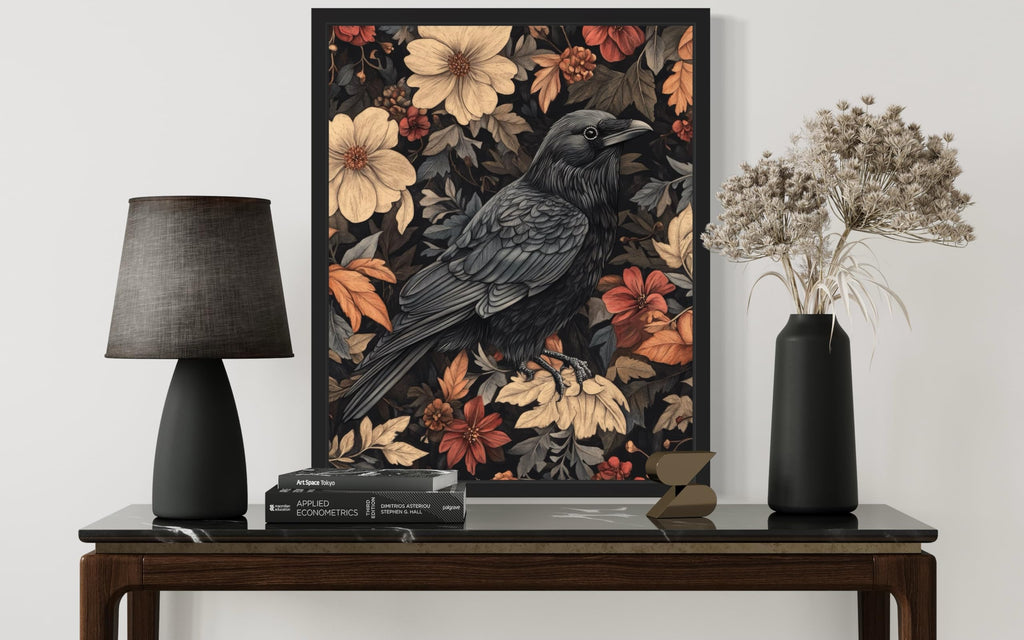 Raven Unframed Art Print Poster, William Morris Style Retro Mid Century Botanical Victorian Dark Academia Gothic