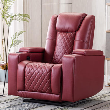 Electric Power Recliner Chair Soft Leather Reclining with USB Ports and Cup Holders, Red Home Theater Seating with Hidden Arm Storage Movie & Media Room Chairs