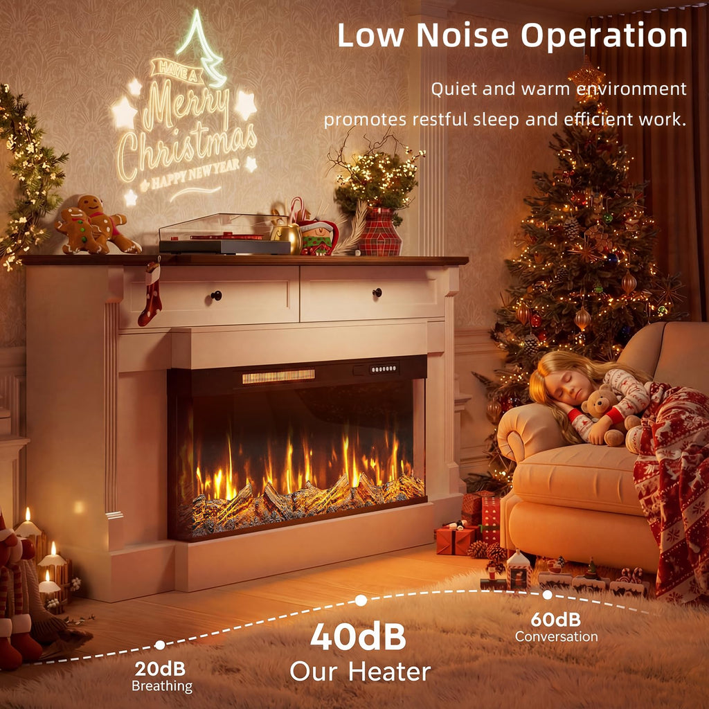 61" Electric Fireplace with Mantel, Fireplace TV Stand, White