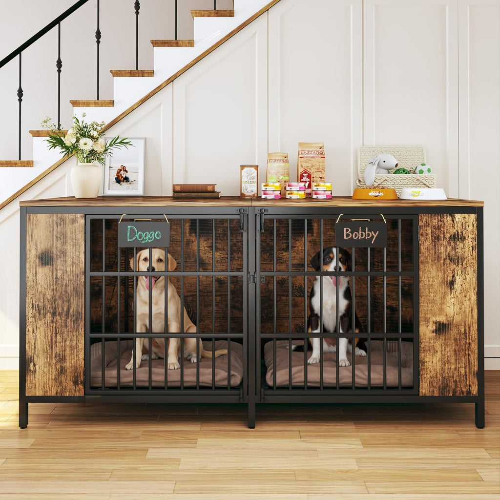 63" Large Double Dog Kennel Furniture for 2 Dogs - Extra Sturdy XXL Metal & Wooden Medium Dog Cage with Removable