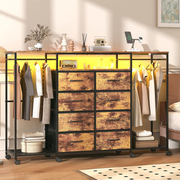 59.1" W Dresser with Hanging Rack, 8 Drawer Dresser with LED Lights & Charging Station, Fabric Dressers with Portable