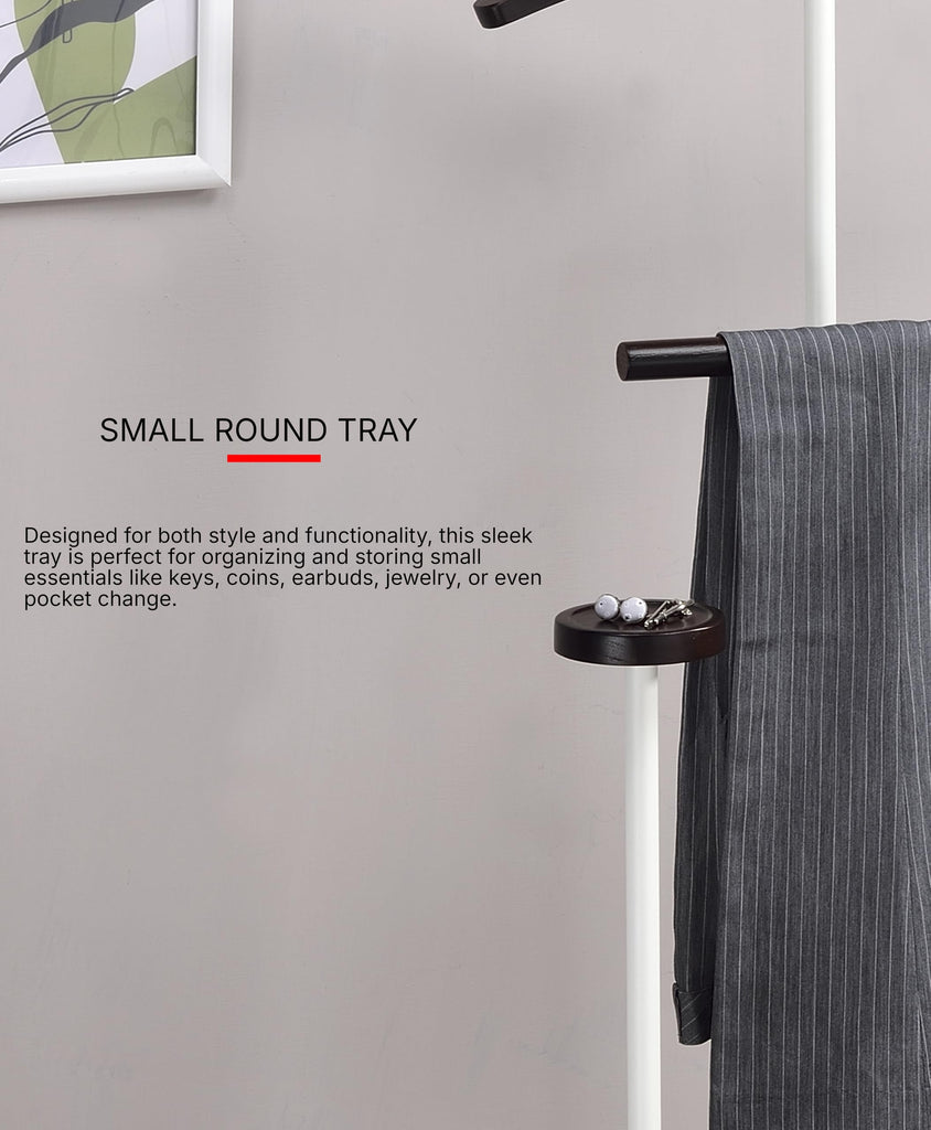 Scandia Valet Stand, Clothes Rack, Clothing Organizer with Tray, Hanger and Trousers Bar, Wood, Metal, White