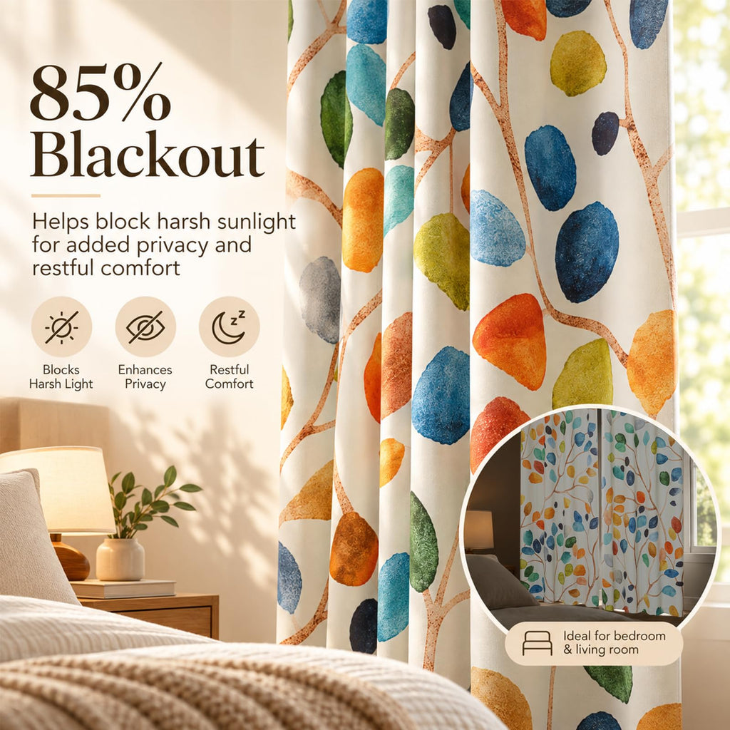 Boho Watercolor Leaf Floral Blackout Curtains, Colorful Bohemian Print Window Drapes, Grommet 2 Panels Set Living