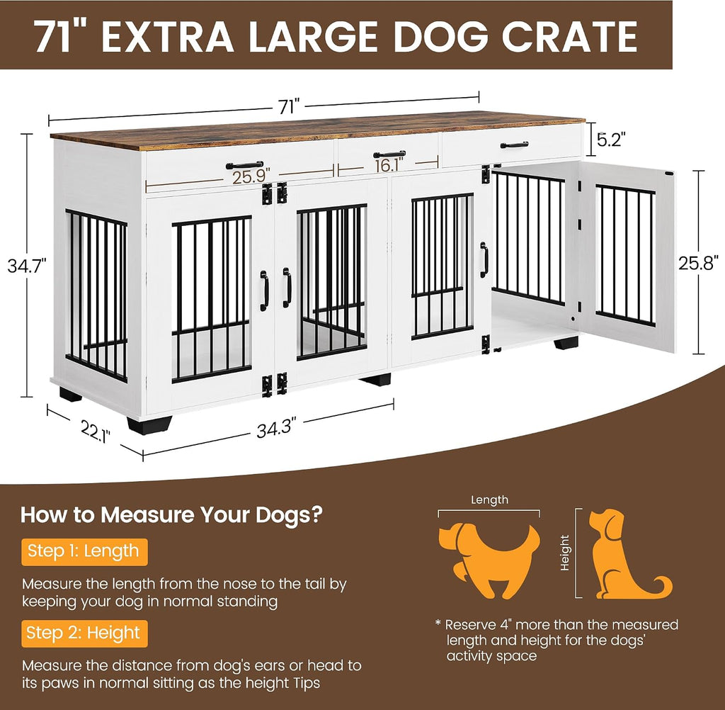 Large Dog Crate Furniture for 2 Dogs with 3 Drawers, Heavy Duty Double Indoor Dog Kennel and TV Stand