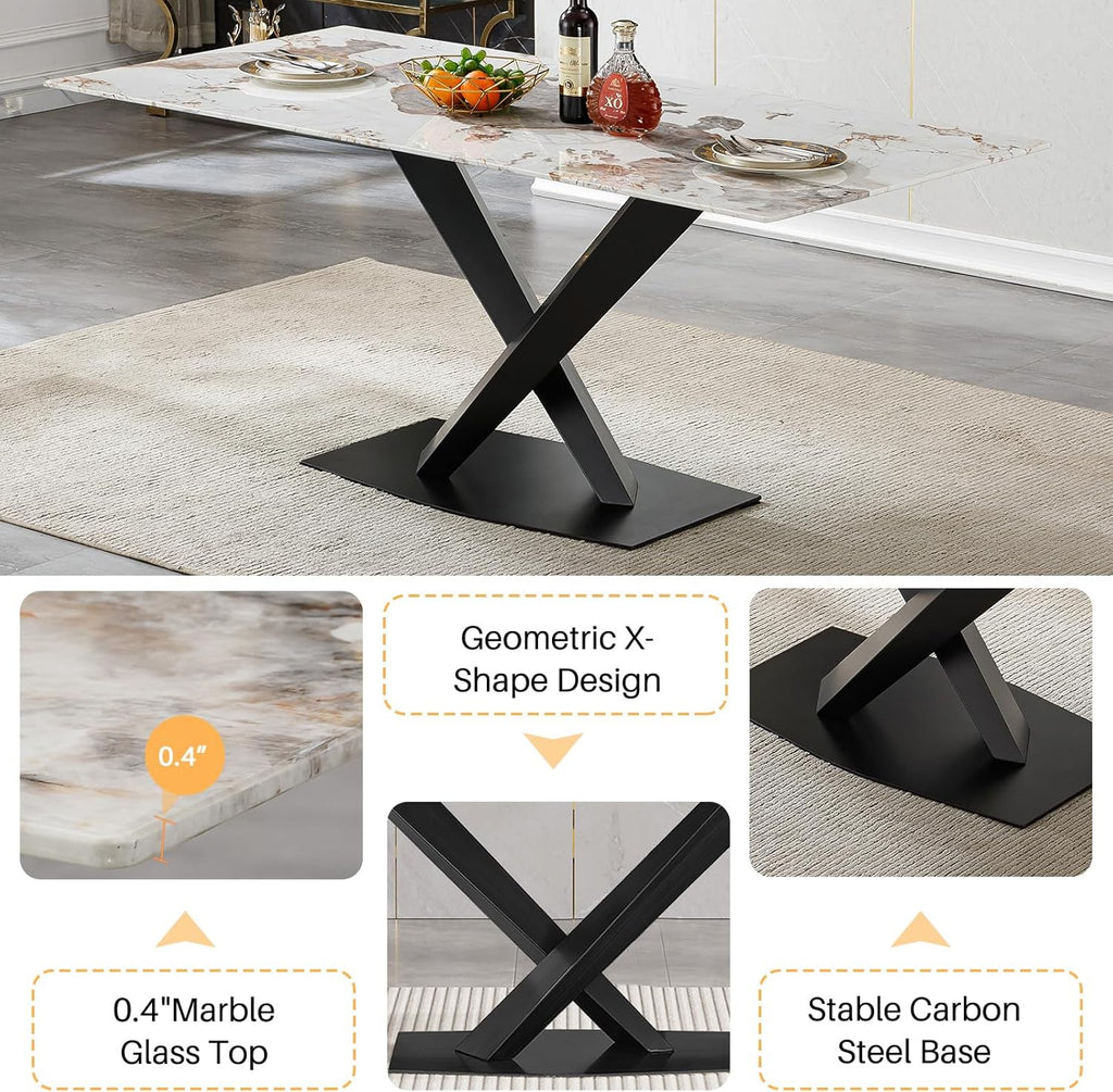 Modern Marble Dining Table, 70" White Kitchen Dining Room Table for 4 6 8 with 0.4" Thick Faux Marble Tabletop and