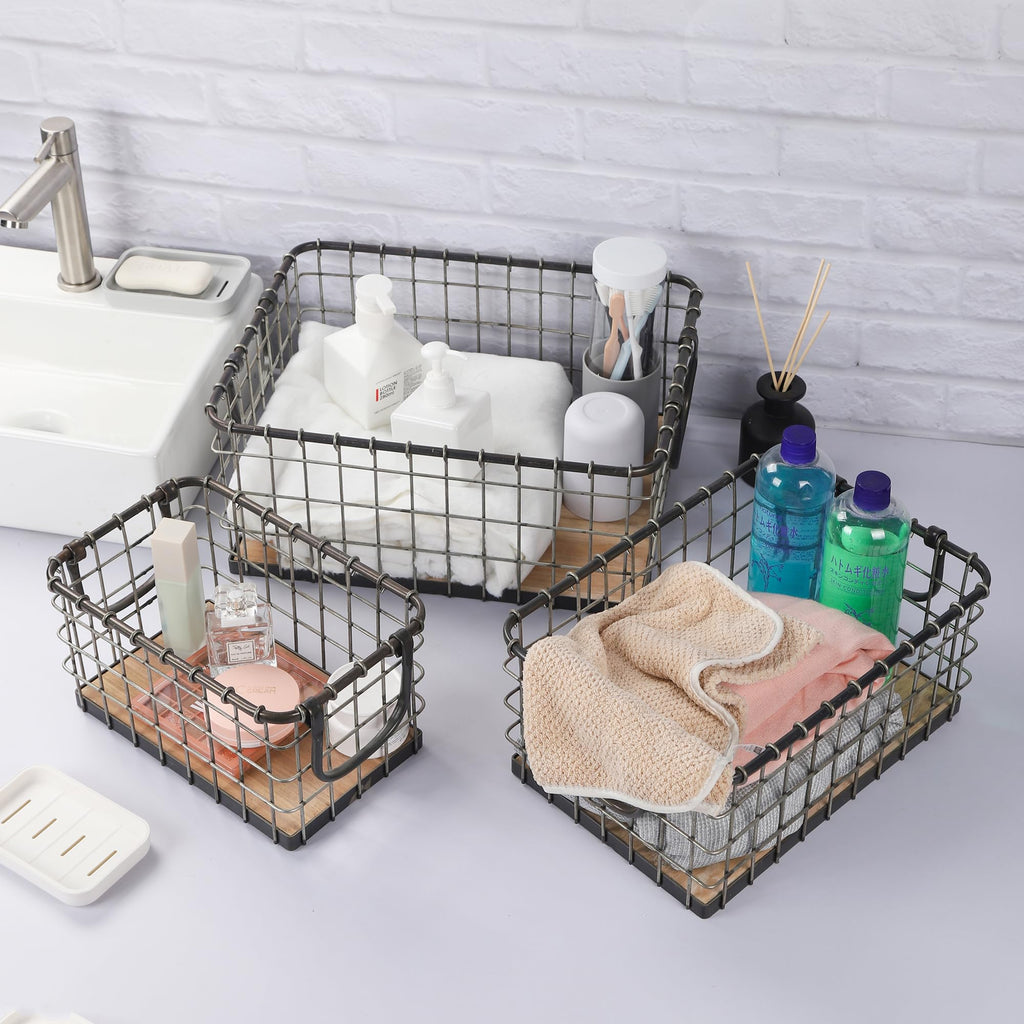 13.8" Wide Rectangular Sturdy Hand Welded Farmhouse Metal Wire Basket with Rustic Wooden Bottom For Shelves, Closet