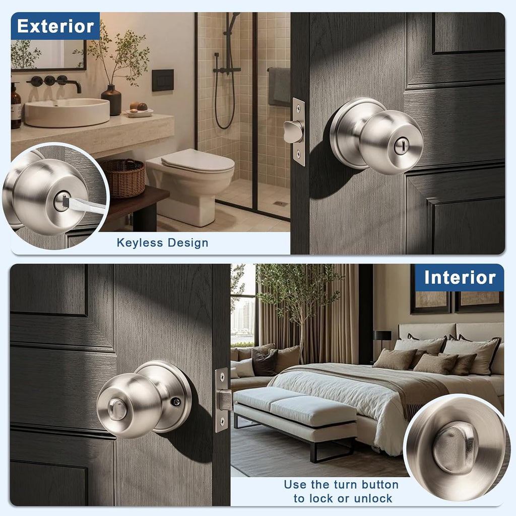2 Pack Privacy Door Knobs Satin Nickel, Keyless Door Knobs Interior , Round Door Handles Stainless Steel, Classic