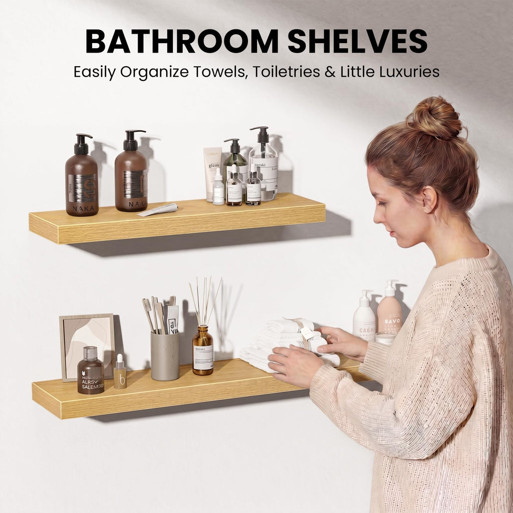 32 Inch Floating Shelves Wall-Mounted, Rustic Wood Shelf with Invisible Brackets, Deep Floating Shelves for Wall