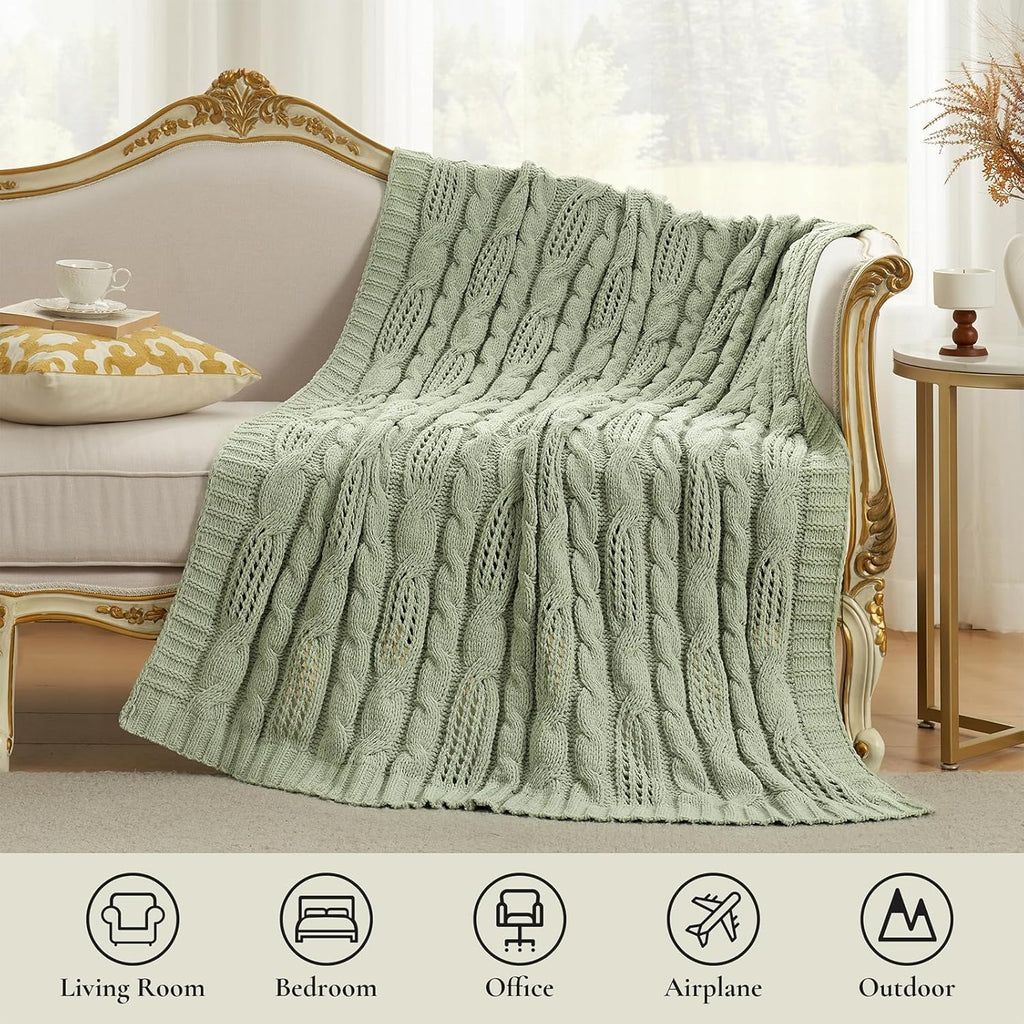 Chunky Knit Throw Blanket, Dual-Sided Soft Chenille Breathable Cable Knitted Blanket, Farmhouse Decorative Throw