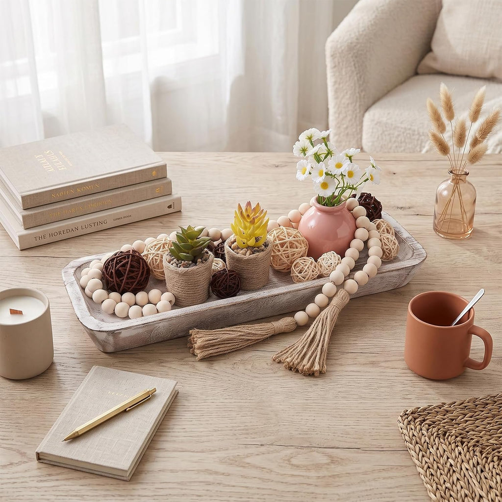 Wooden Dough Bowl Decor, Wood Dough Bowl Wicker Rattan Balls Beads String with Tassel, Wood Rustic Dough-Bowl - Set of 20