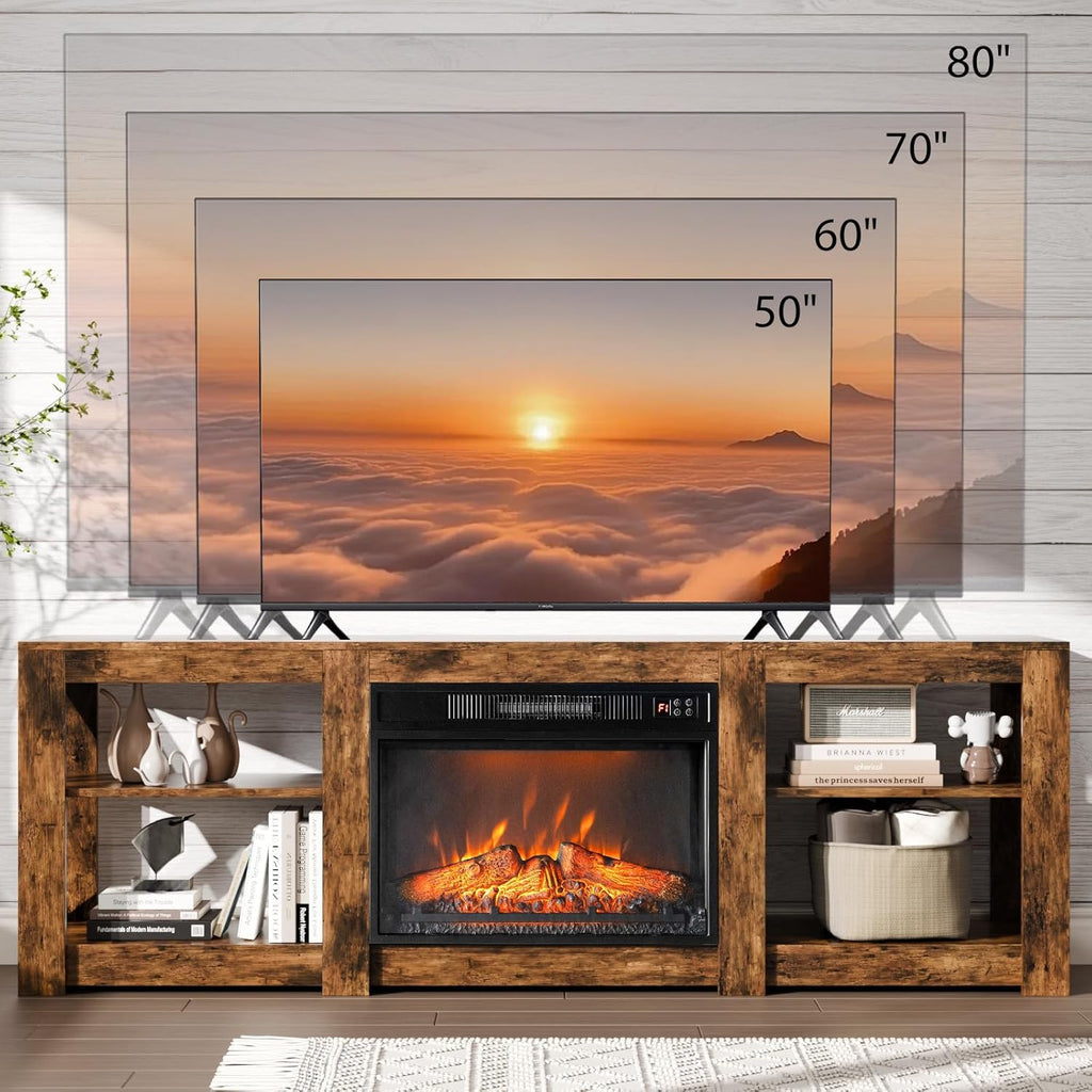 Fireplace TV Stand for up to 80 inch TVs, Farmhouse Entertainment Center with Electric Fireplace Heater & Adjustable Shelves, Fireplace Media Console Table for Living Room, Rustic Brown