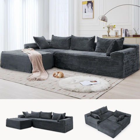 110" L-Shaped Modular Sectional Sofa with Chaise, Boneless Comfy Corduroy Fluffy Couch with Deep Seat and Side Pockets
