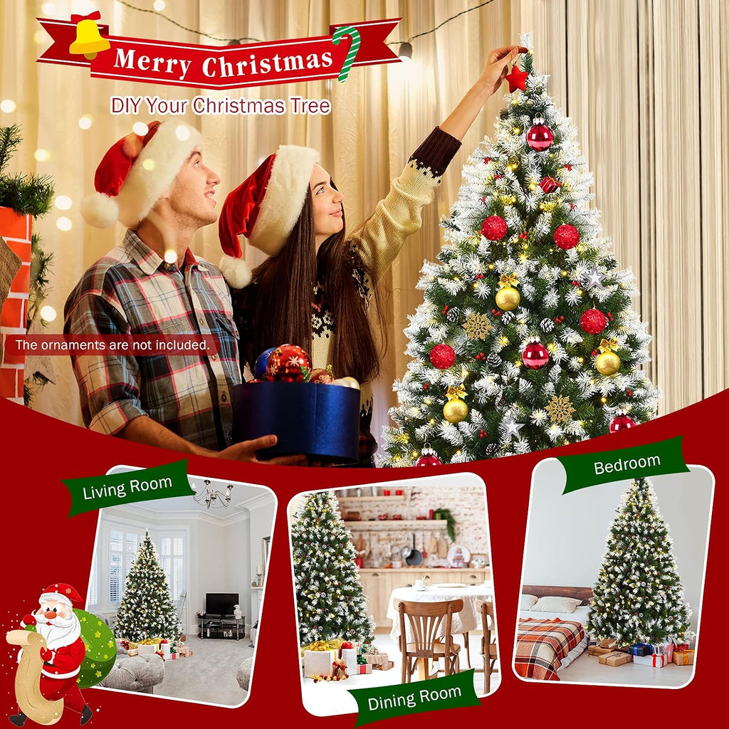 7.5ft Pre-lit Artificial Christmas Tree, Hinged Snow Flocked Xmas Tree w/Pine Cones, Red Berries & 550 LED Lights, 8
